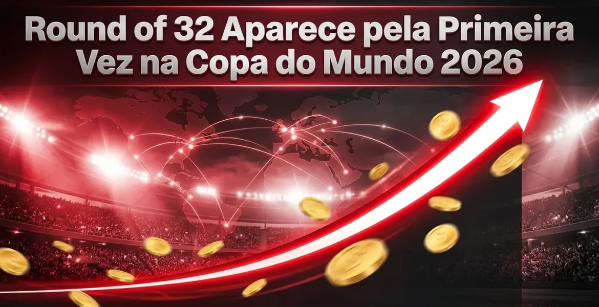 World Cup Round of 32 multiplier curve, coins, and global stadium in crimson.